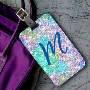 Cute iridescent, färglös faux glitter monogram bagagebricka