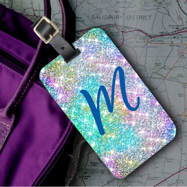 Cute iridescent, färglös faux glitter monogram bagagebricka (Skapare uppladdad)
