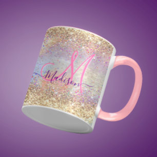 Cute iridescent faux guld glitter monogram mugg
