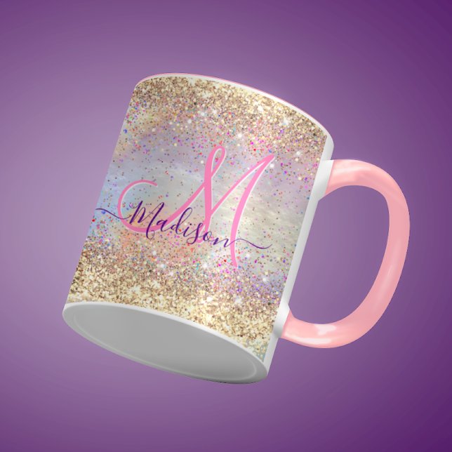 Cute iridescent faux guld glitter monogram mugg (Skapare uppladdad)