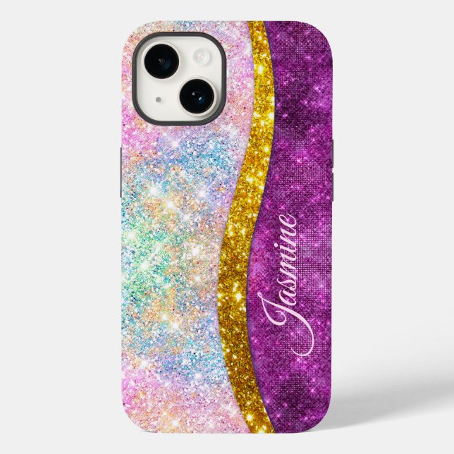 Cute iridescent fuchsia guld faux glitter monogram (Baksida)