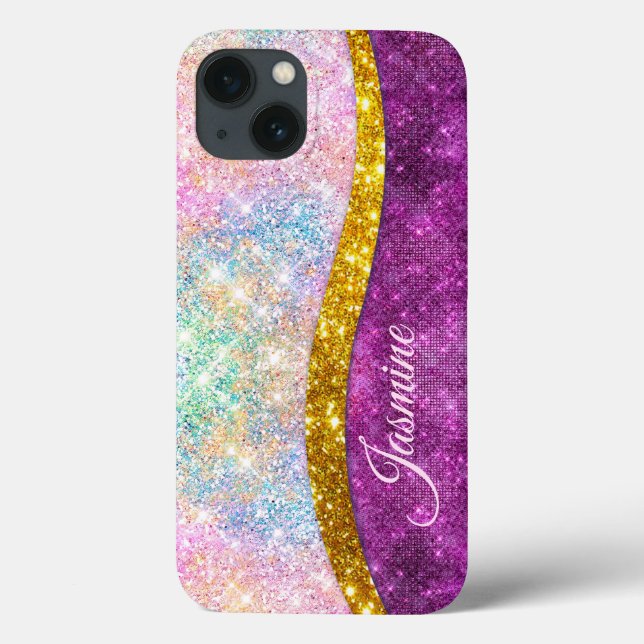 Cute iridescent fuchsia guld faux glitter monogram (Baksida)