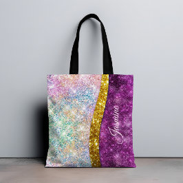 Cute iridescent fuchsia guld faux glitter monogram tygkasse