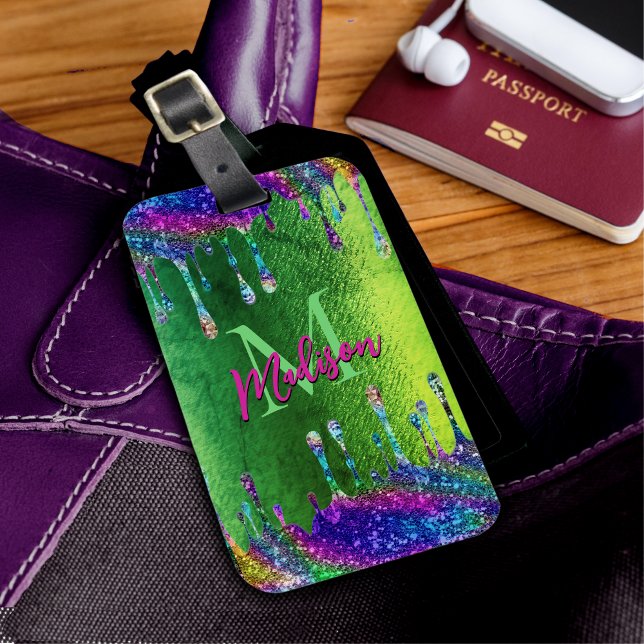 Cute Iridescent grönt Glitter Drives monogram Bagagebricka (Skapare uppladdad)