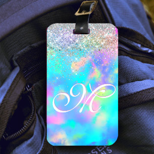 Cute iridescent hologragram glitter monogram bagagebricka