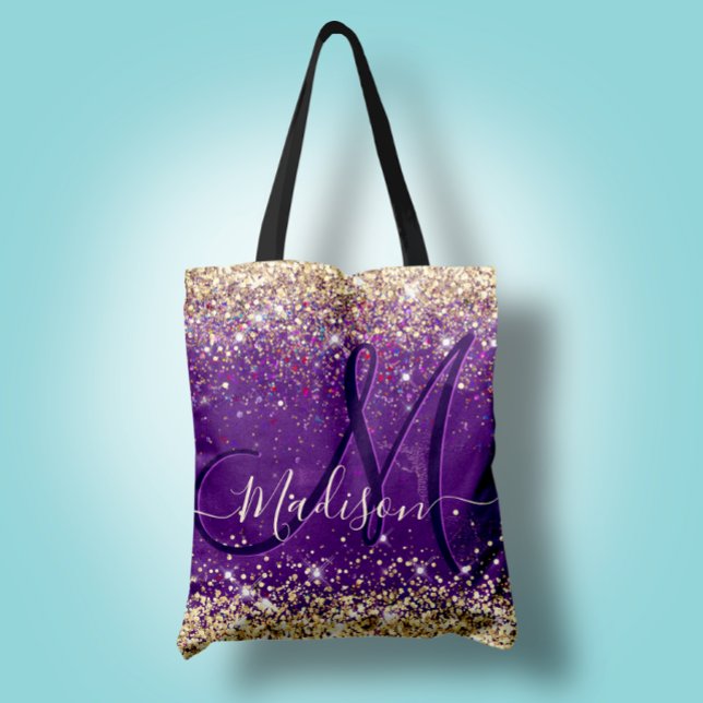 Cute iridescent lila guld faux glitter monogram tygkasse (Skapare uppladdad)