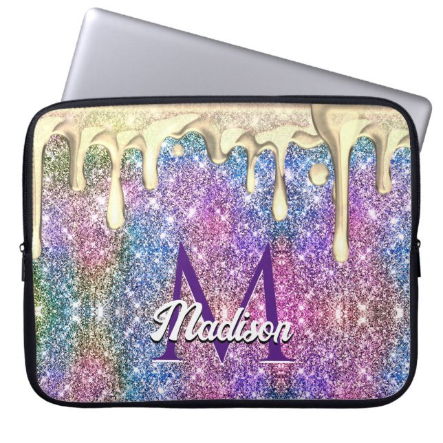 Cute iridescent lila guld glitter droppar monogram laptop fodral (Framsidan)