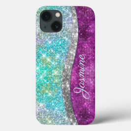 Cute iridescent lila teal faux glitter monogram