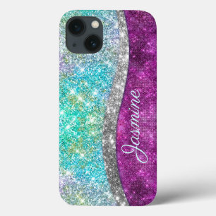 Cute iridescent lila teal faux glitter monogram