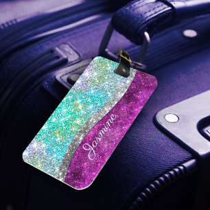 Cute iridescent lila teal faux glitter monogram bagagebricka