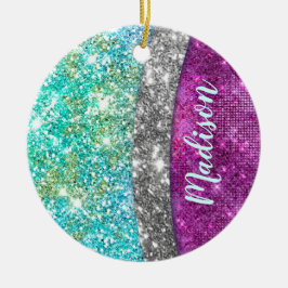 Cute iridescent lila teal faux glitter monogram julgransprydnad keramik
