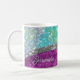 Cute iridescent lila teal faux glitter monogram kaffemugg