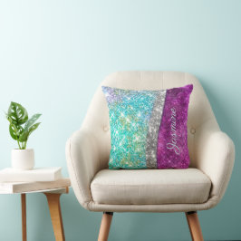 Cute iridescent lila teal faux glitter monogram kudde