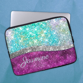 Cute iridescent lila teal faux glitter monogram laptop fodral