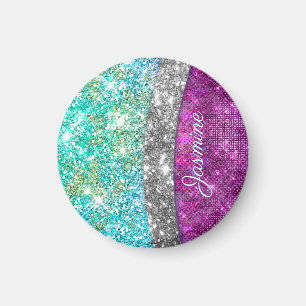 Cute iridescent lila teal faux glitter monogram magnet