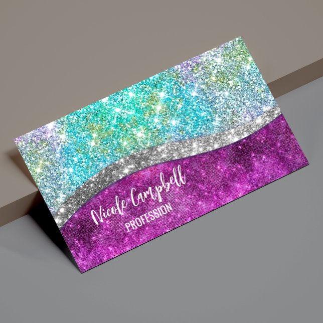 Cute iridescent lila teal faux glitter monogram magnetiska visitkort (Skapare uppladdad)
