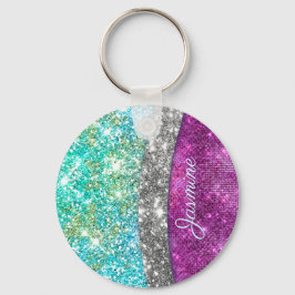 Cute iridescent lila teal faux glitter monogram nyckelring