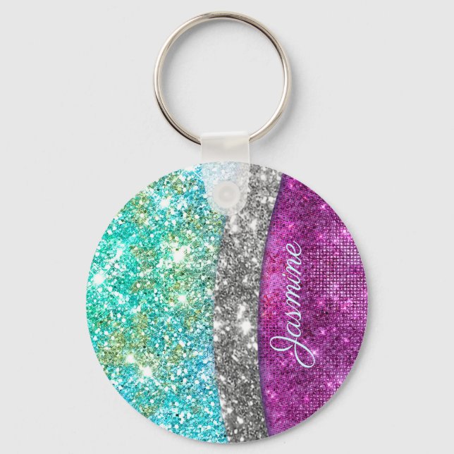 Cute iridescent lila teal faux glitter monogram nyckelring (Framsida)