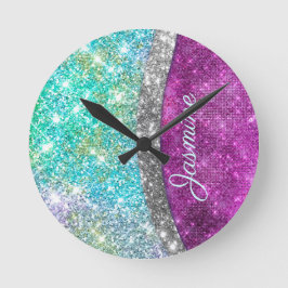 Cute iridescent lila teal faux glitter monogram rund klocka