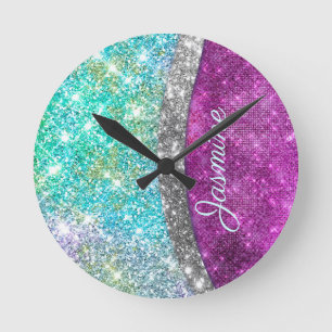 Cute iridescent lila teal faux glitter monogram rund klocka
