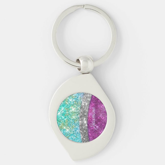 Cute iridescent lila teal faux glitter monogram swirl silverfärgad nyckelring (Framsidan)