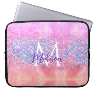 Cute iridescent ombre unicorn glitter monogram laptop fodral