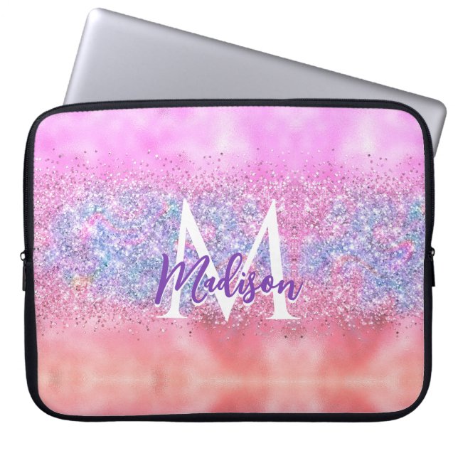 Cute iridescent ombre unicorn glitter monogram laptop fodral (Framsidan)