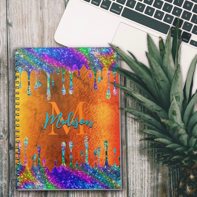 Cute Iridescent orange Glitter Drives monogram Anteckningsbok (Skapare uppladdad)