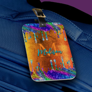 Cute Iridescent orange Glitter Drives monogram Bagagebricka