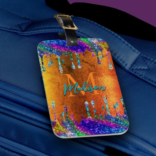 Cute Iridescent orange Glitter Drives monogram Bagagebricka (Skapare uppladdad)