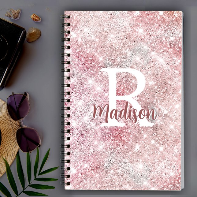 Cute iridescent ro guld faux glitter monogram anteckningsbok (Skapare uppladdad)