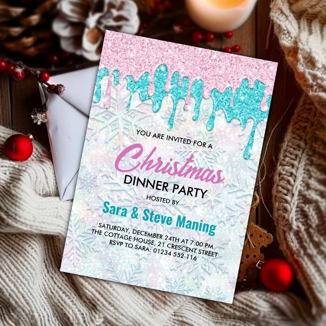 Cute iridescent rosa aqua faux glitter jul inbjudningar (Skapare uppladdad)