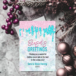 Cute iridescent rosa aqua faux glitter jul julkort
