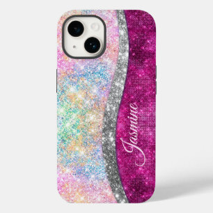 Cute iridescent rosa silver faux glitter monogram