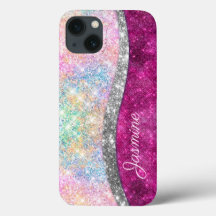 Cute iridescent rosa silver faux glitter monogram