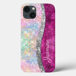 Cute iridescent rosa silver faux glitter monogram