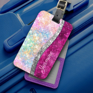 Cute iridescent rosa silver faux glitter monogram bagagebricka