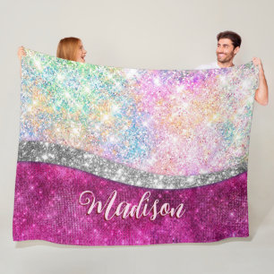 Cute iridescent rosa silver faux glitter monogram fleecefilt