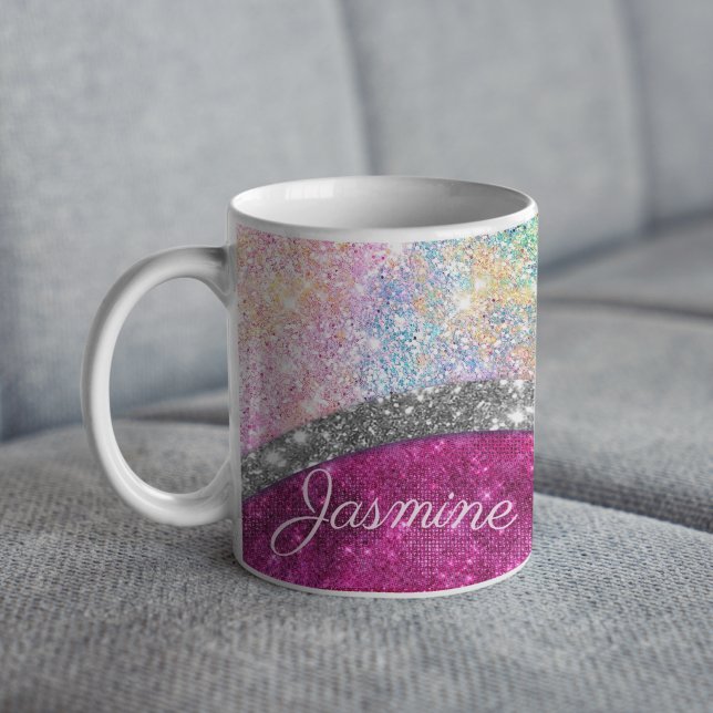 Cute iridescent rosa silver faux glitter monogram kaffemugg (Skapare uppladdad)