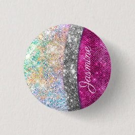 Cute iridescent rosa silver faux glitter monogram knapp