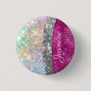 Cute iridescent rosa silver faux glitter monogram knapp