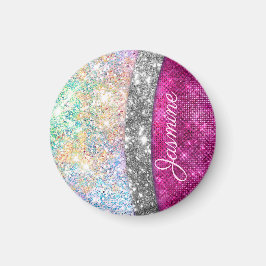 Cute iridescent rosa silver faux glitter monogram magnet