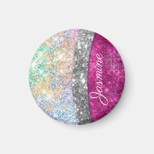 Cute iridescent rosa silver faux glitter monogram magnet