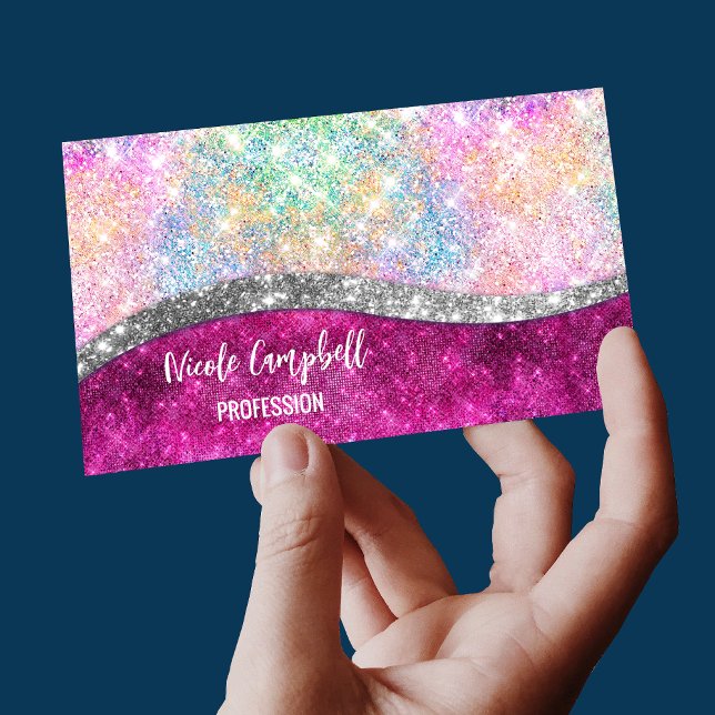 Cute iridescent rosa silver faux glitter monogram magnetiska visitkort (Skapare uppladdad)