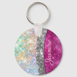 Cute iridescent rosa silver faux glitter monogram nyckelring