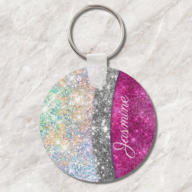 Cute iridescent rosa silver faux glitter monogram nyckelring (Skapare uppladdad)