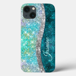 Cute iridescent turkos faux glitter monogram