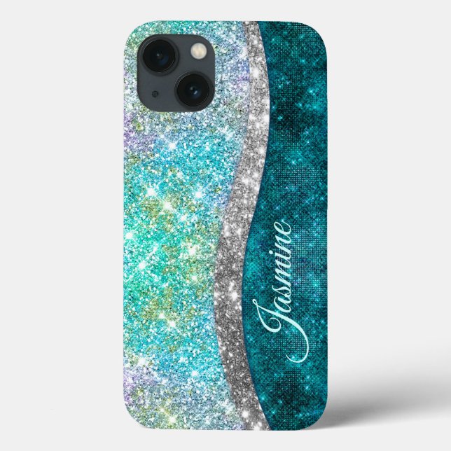Cute iridescent turkos faux glitter monogram (Baksida)