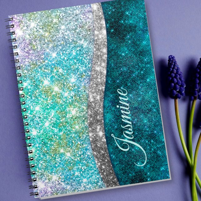 Cute iridescent turkos faux glitter monogram anteckningsbok (Skapare uppladdad)