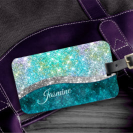 Cute iridescent turkos faux glitter monogram bagagebricka
